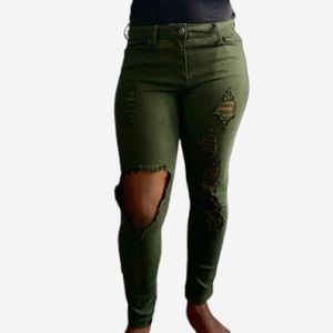 Fashion Nova Dark Green Distressed Jeans Size 9
